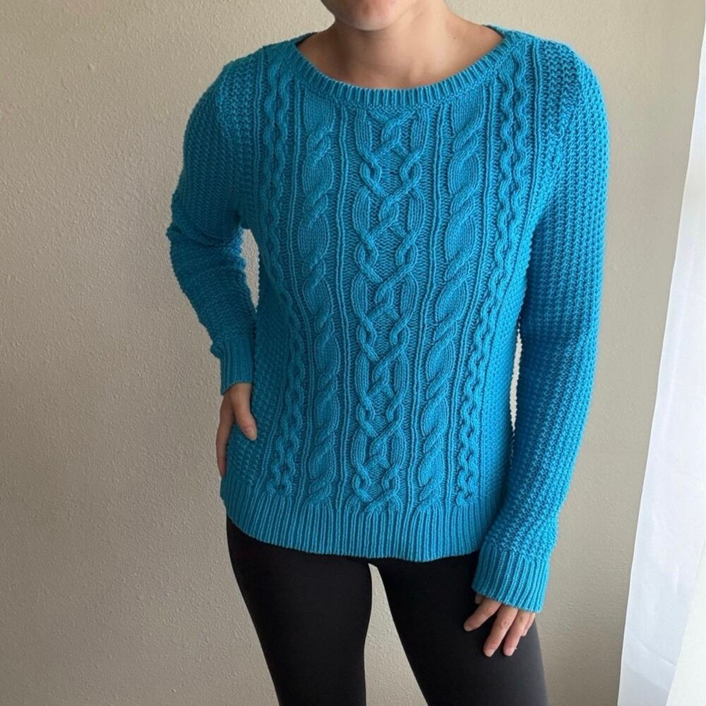 Lauren Ralph Lauren Jeans Co Blue Chunky Fisherman Sweater Cable Knit preppy y2k